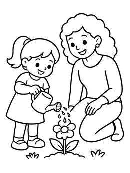 Free printable Watering Garden Flowers With Mom coloring page