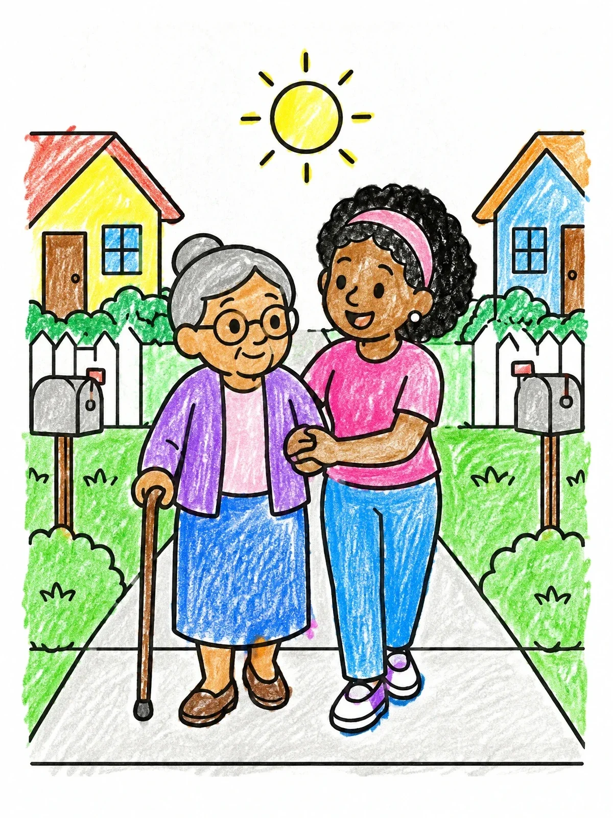 Colored example of the Helping A Senior On The Sidewalk coloring page