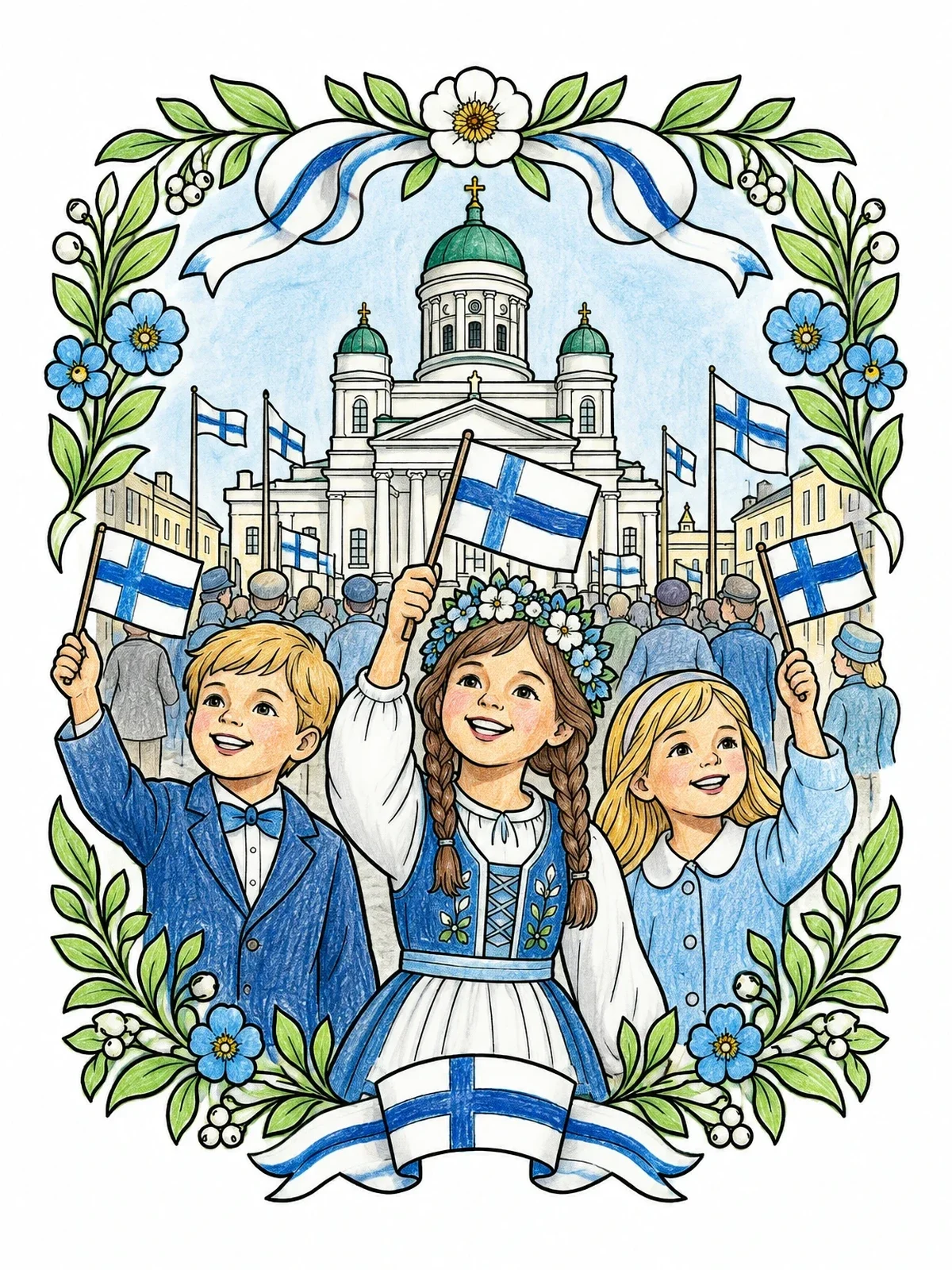 Colored example of the Children Celebrating In Front Of Helsinki Cathedral coloring page