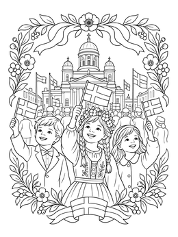 A festive finland coloring page showing children waving flags before Helsinki Cathedral.