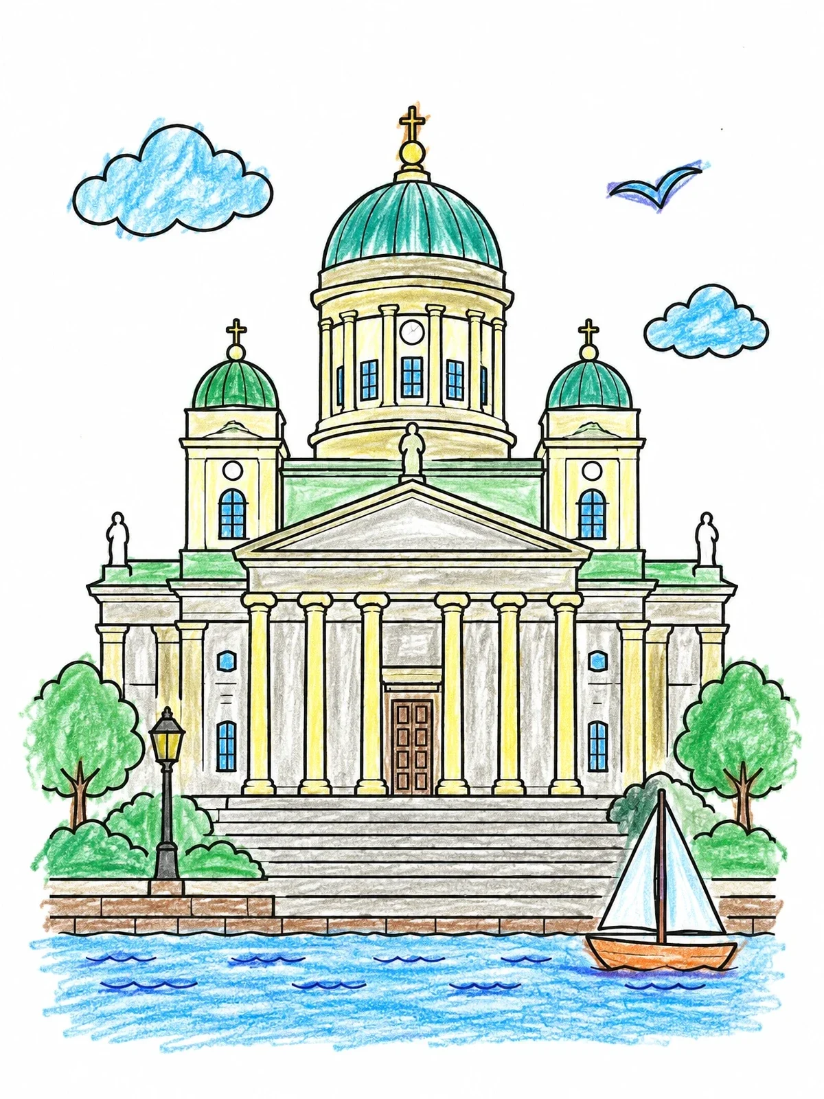 Colored example of the Helsinki Cathedral By The Water coloring page