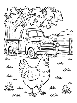 A cheerful chicken stands before an old vintage pickup in this farm coloring page.