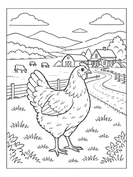 A hen standing in a field on this detailed farm coloring page.