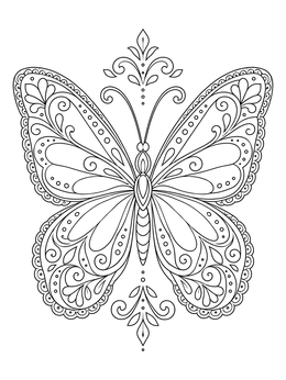 A detailed henna coloring page featuring a symmetrical butterfly with intricate swirls and lace patterns.