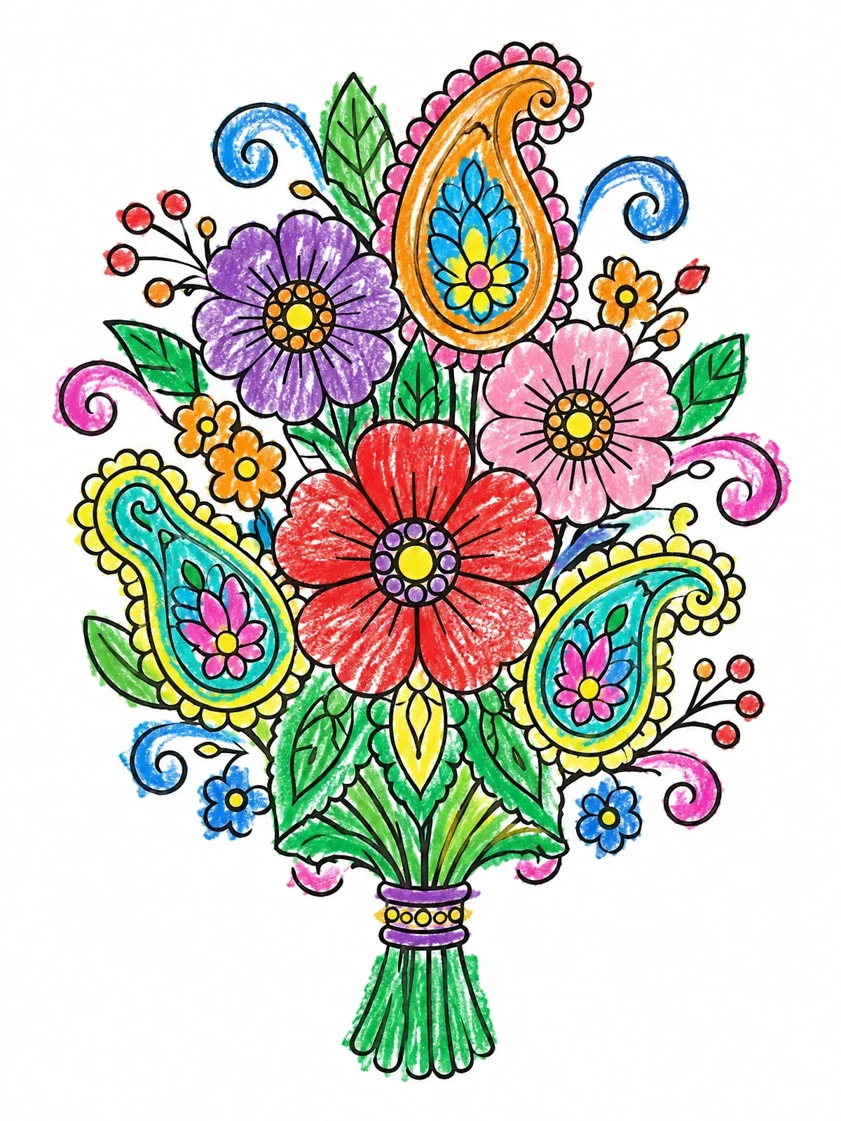 Colored example of the Henna Floral Paisley Bouquet coloring page