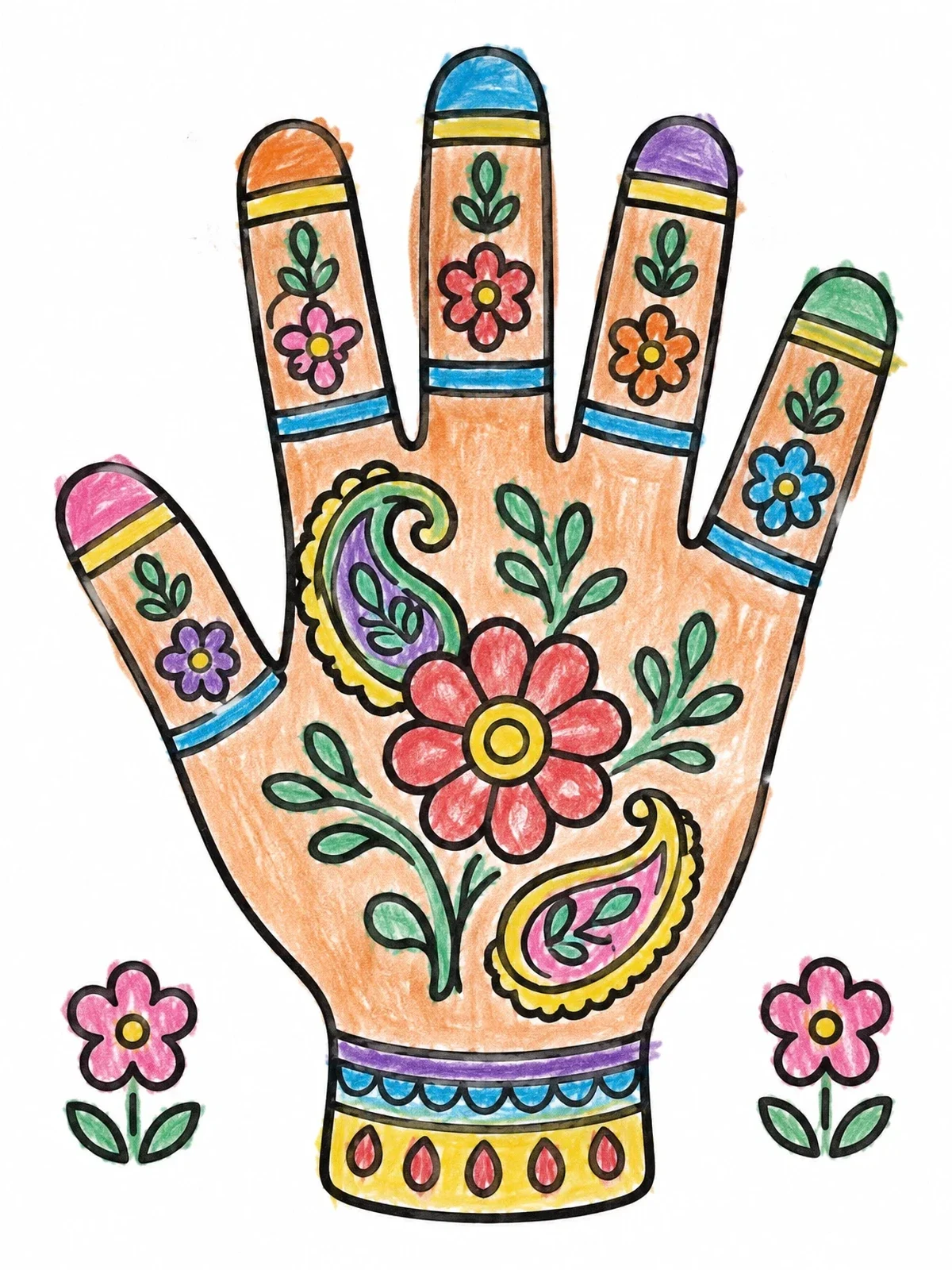 Colored example of the Henna Hand With Floral Patterns coloring page