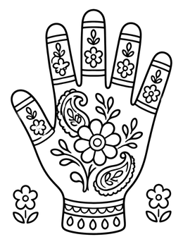 Free printable Henna Hand With Floral Patterns coloring page