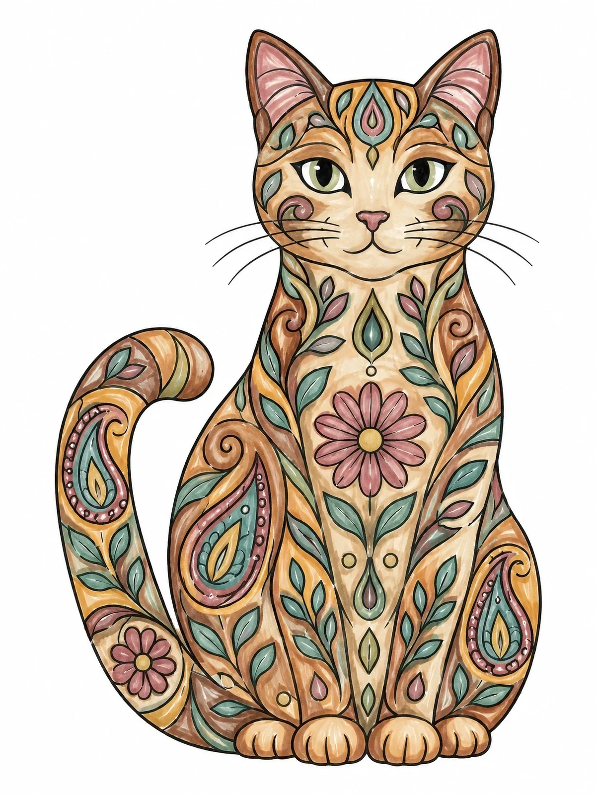 Colored example of the Henna Pattern Sitting Cat coloring page