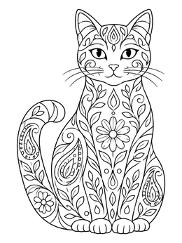 A seated cat decorated with floral swirls on a henna coloring page.