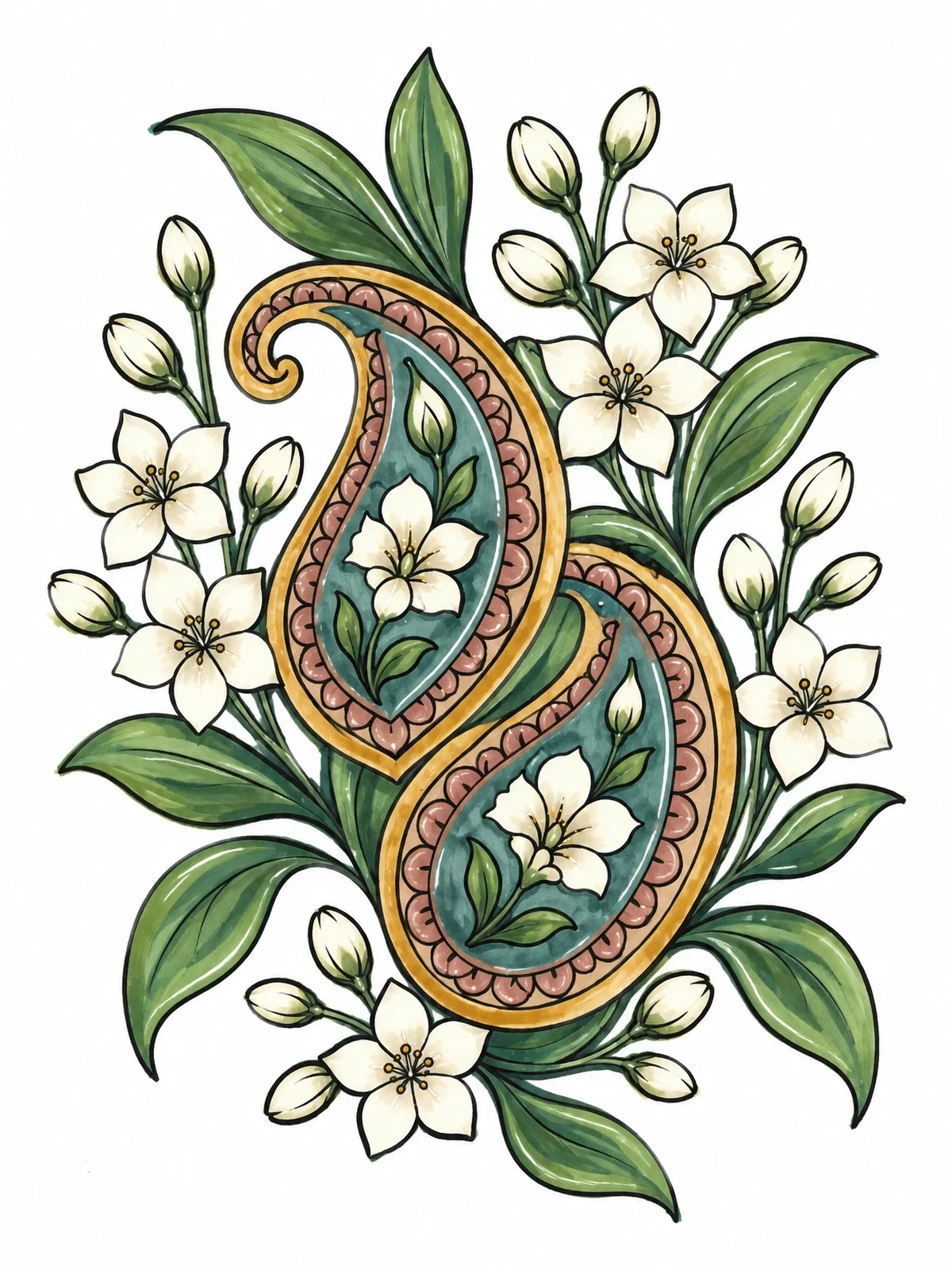 Colored example of the Paisley And Blooming Jasmine Motif coloring page
