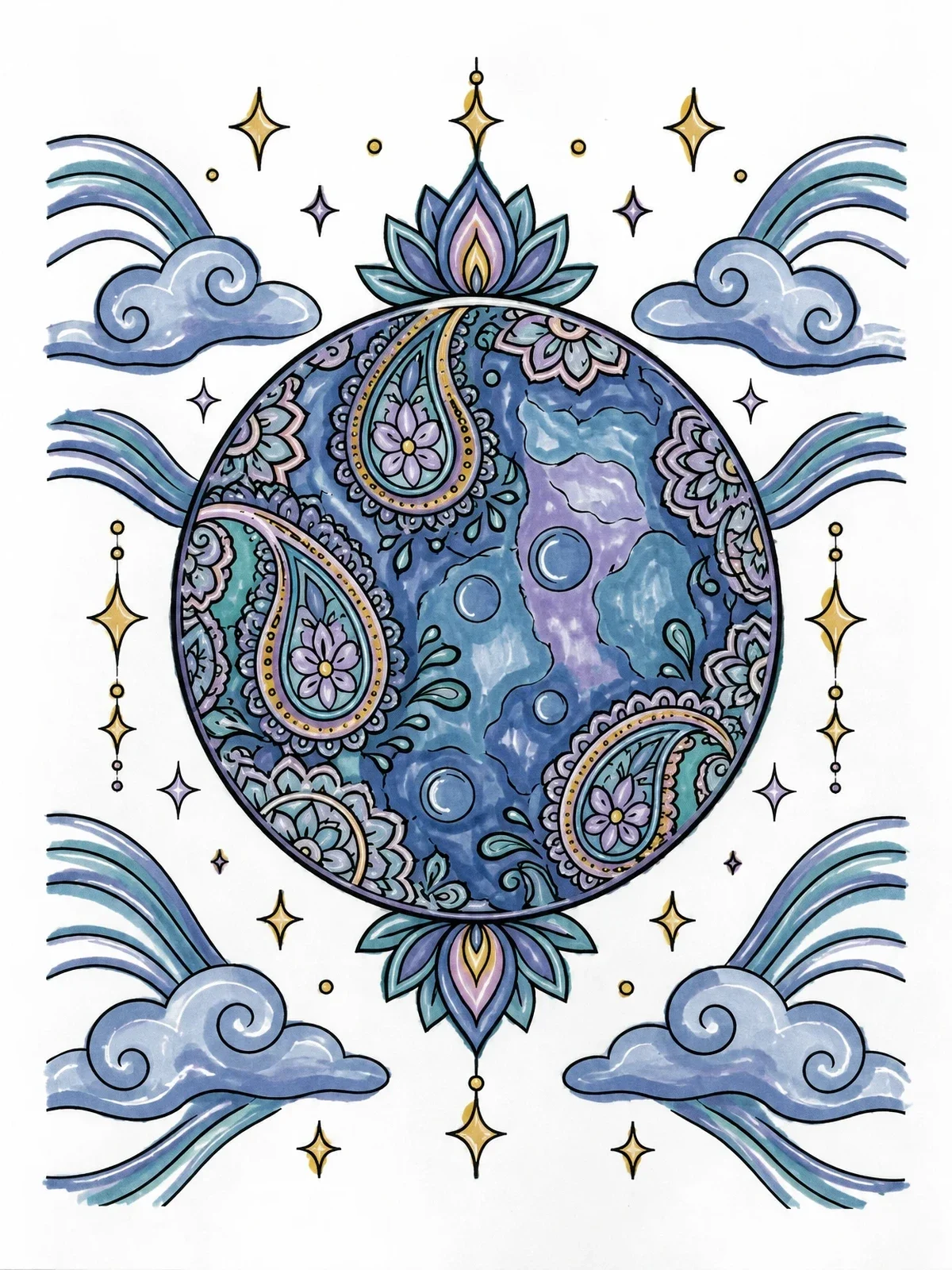 Colored example of the Henna Paisley Full Moon Mandala coloring page