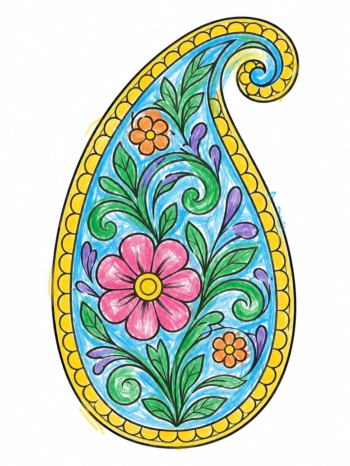 Colored example of the Paisley Mehndi Teardrop Pattern coloring page