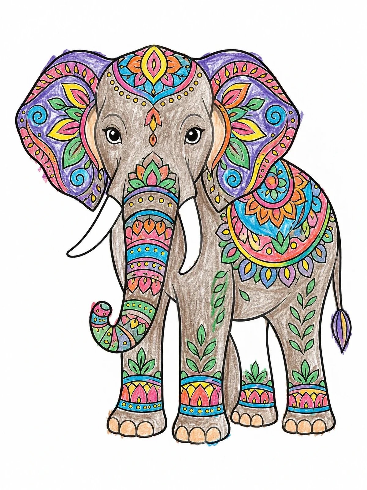 Colored example of the Henna Pattern Decorated Elephant coloring page