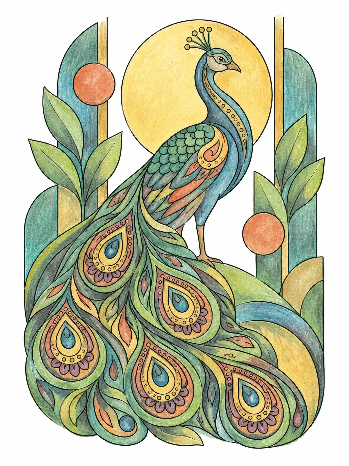 Colored example of the Henna Pattern Peacock In Garden coloring page