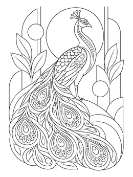 An ornate henna coloring page featuring a graceful peacock with paisley patterned feathers.