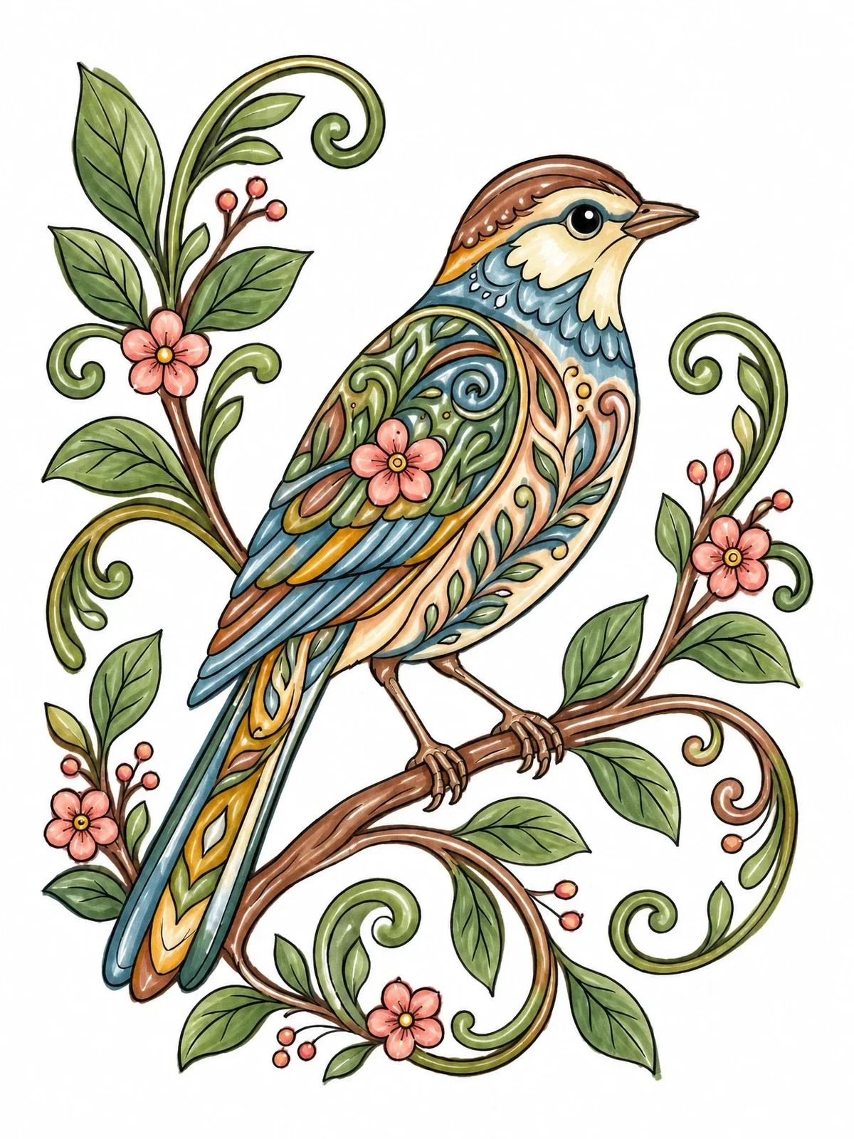 Colored example of the Henna Songbird On Floral Branch coloring page