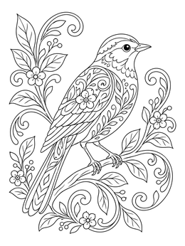 A decorative songbird sits on a leafy branch in this intricate henna coloring page.