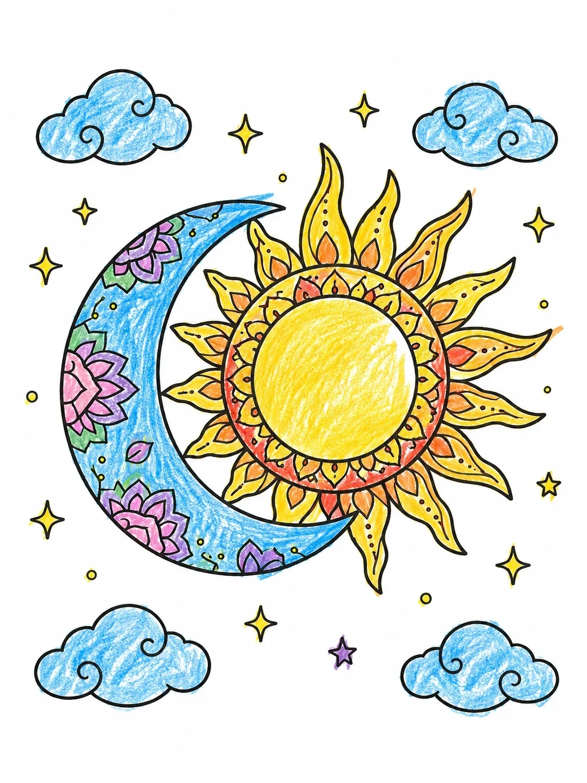 Colored example of the Henna Sun And Crescent Moon coloring page