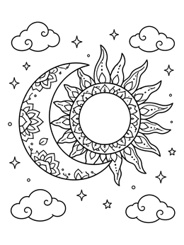 Free printable Henna Sun And Crescent Moon coloring page