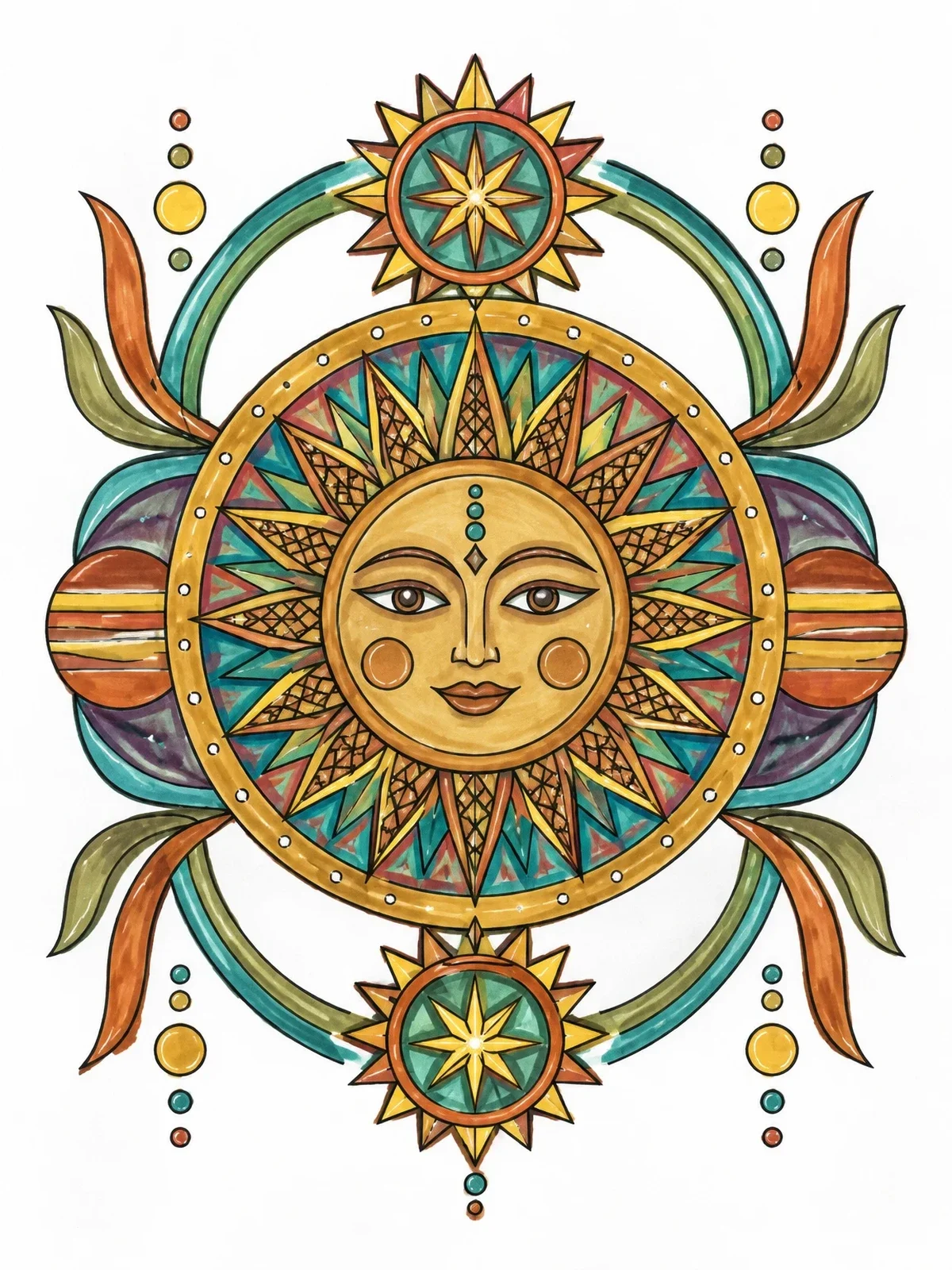 Colored example of the Henna Sun Face Medallion coloring page