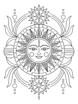Celestial sun with a serene face and geometric rays in this henna coloring page.