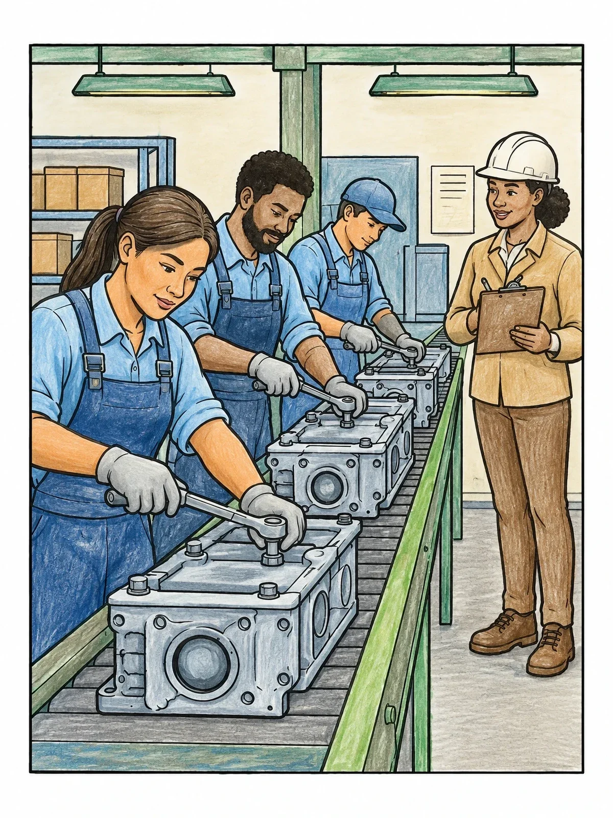 Colored example of the Assembly Line Factory Workers And Supervisor coloring page