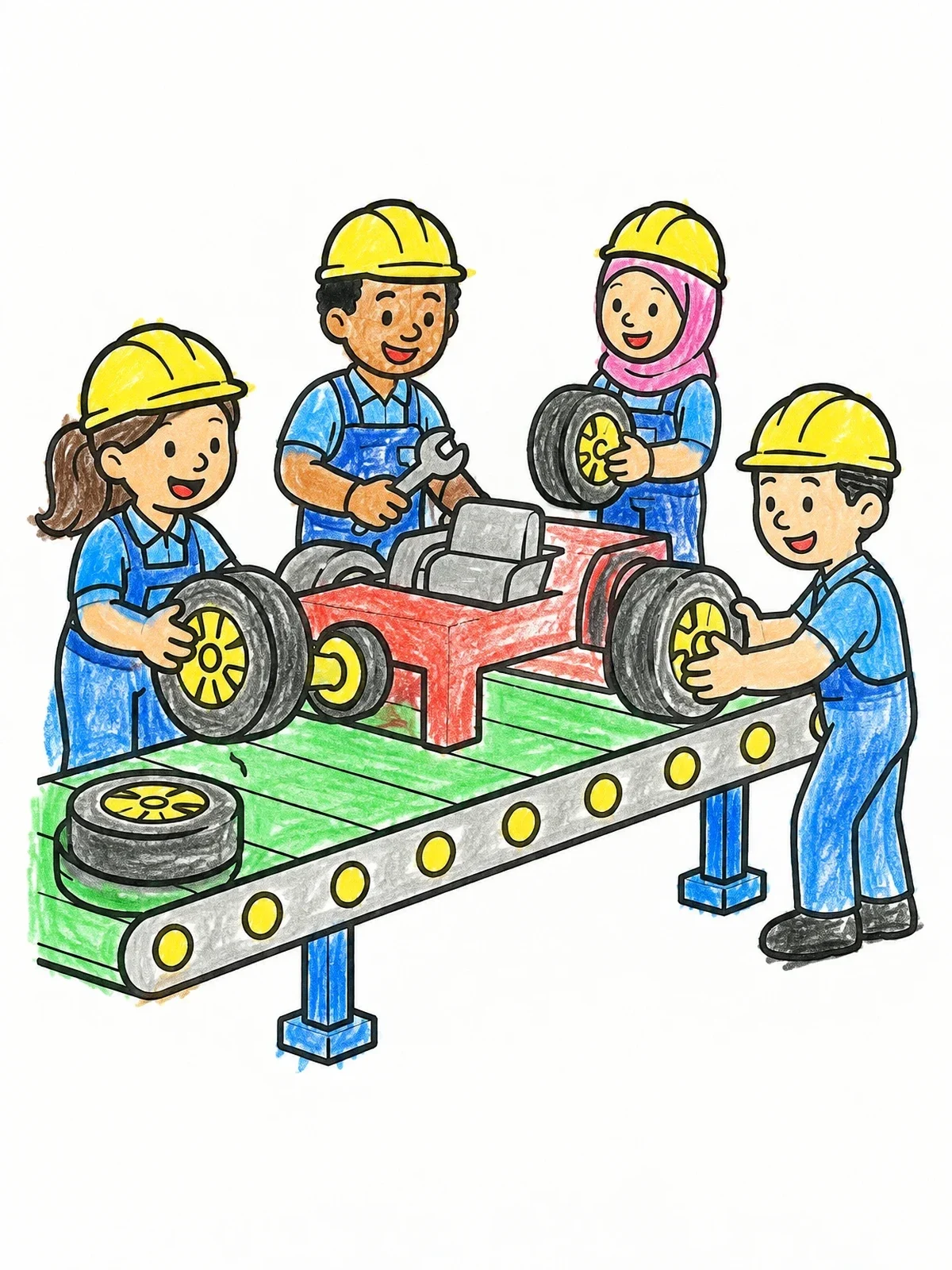 Colored example of the Assembly Line Workers Building A Car coloring page