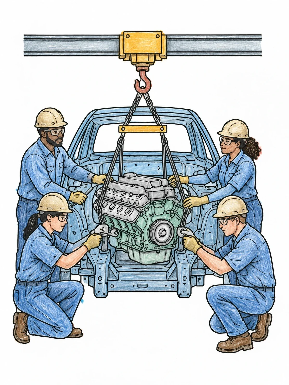 Colored example of the Automotive Factory Workers Installing Engine coloring page