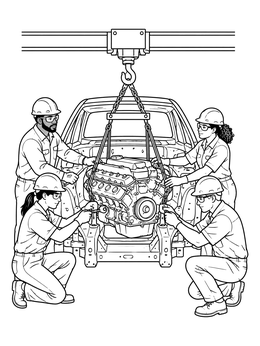 Free printable Automotive Factory Workers Installing Engine coloring page