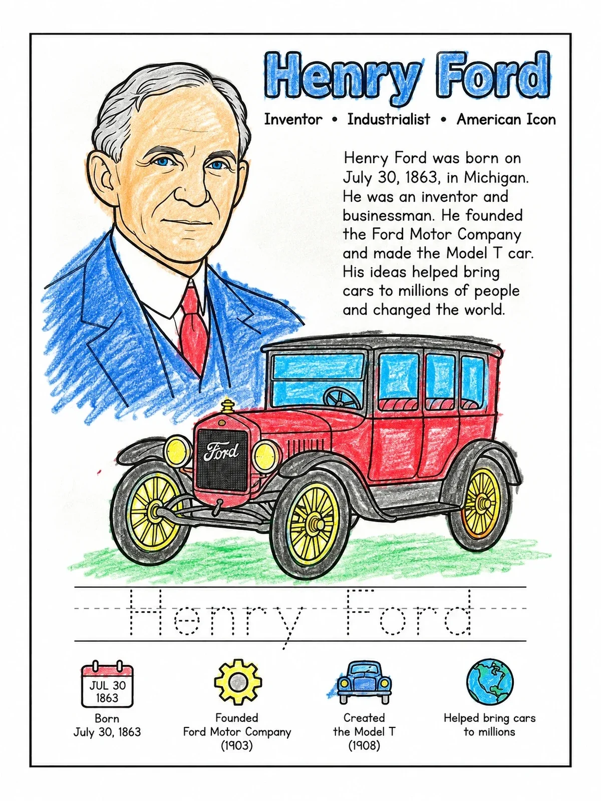Colored example of the Henry Ford Educational Biography Worksheet coloring page