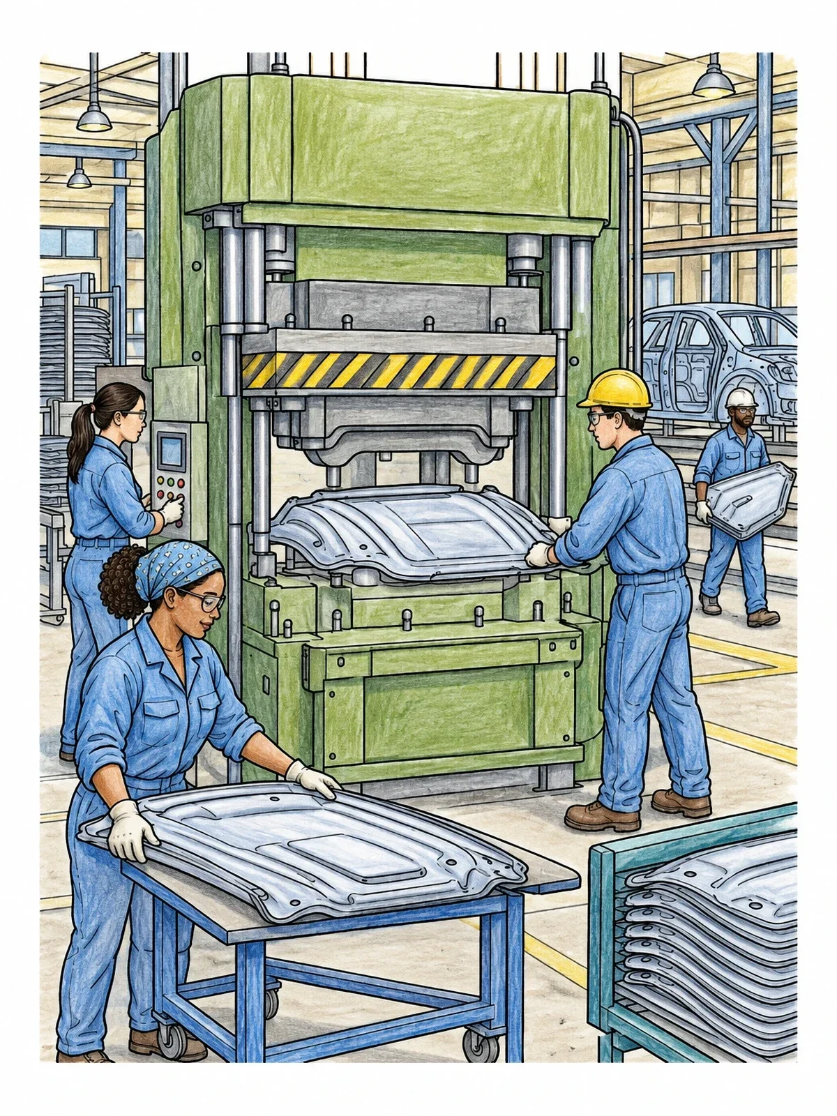 Colored example of the Car Factory Stamping Press Workshop coloring page