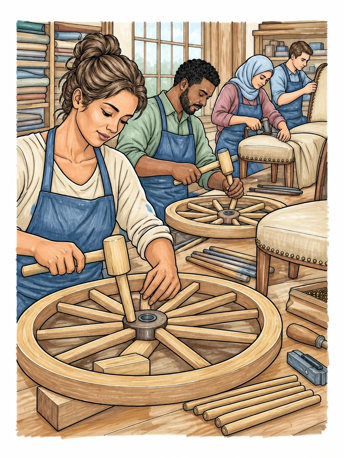 Colored example of the Craftsmen Assembling Wheels And Seats coloring page