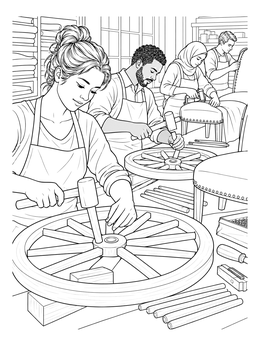 Free printable Craftsmen Assembling Wheels And Seats coloring page