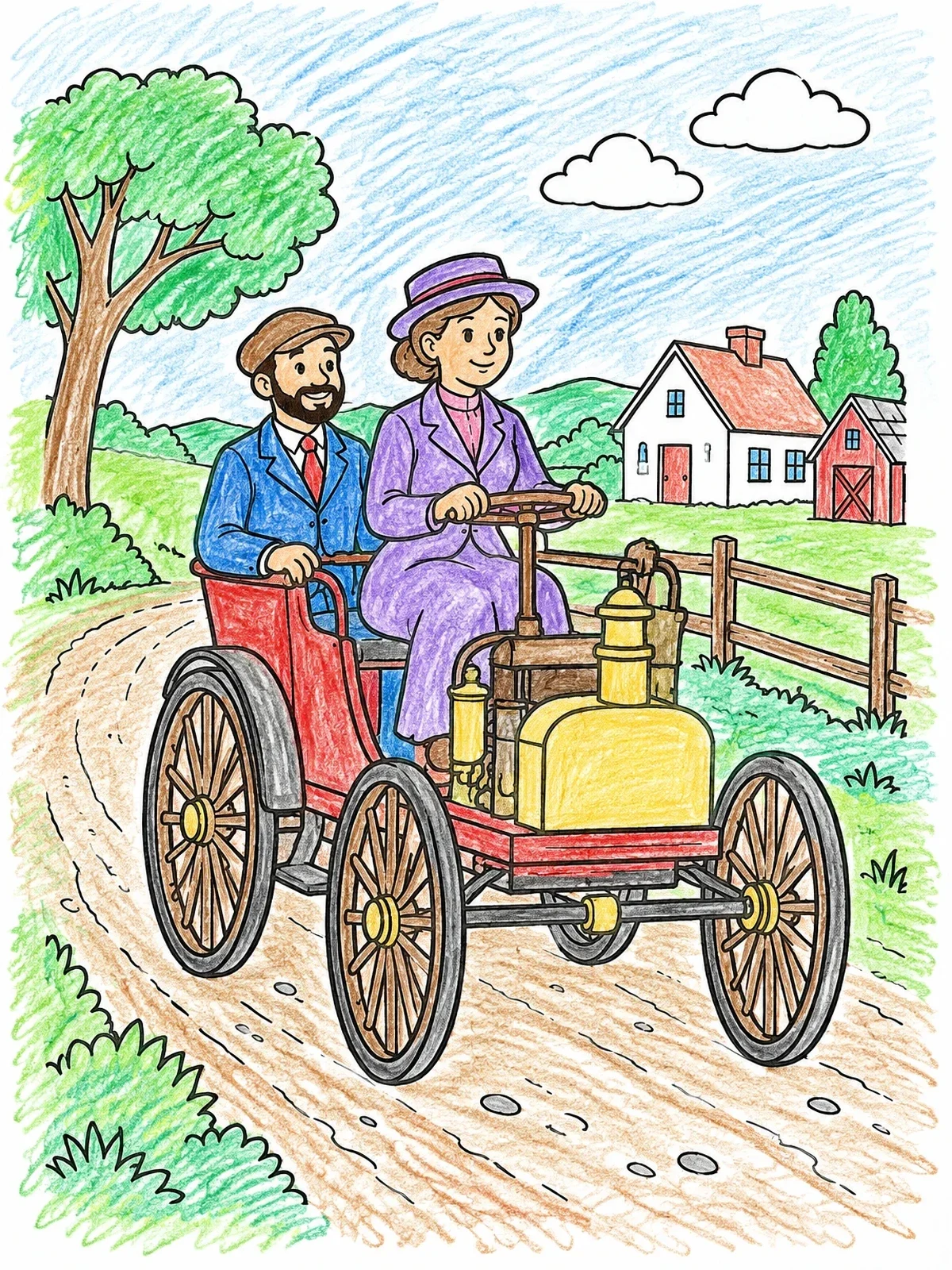 Colored example of the Early Horseless Carriage Country Drive coloring page