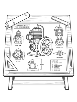 Free printable Early Engine Drafting Blueprint coloring page