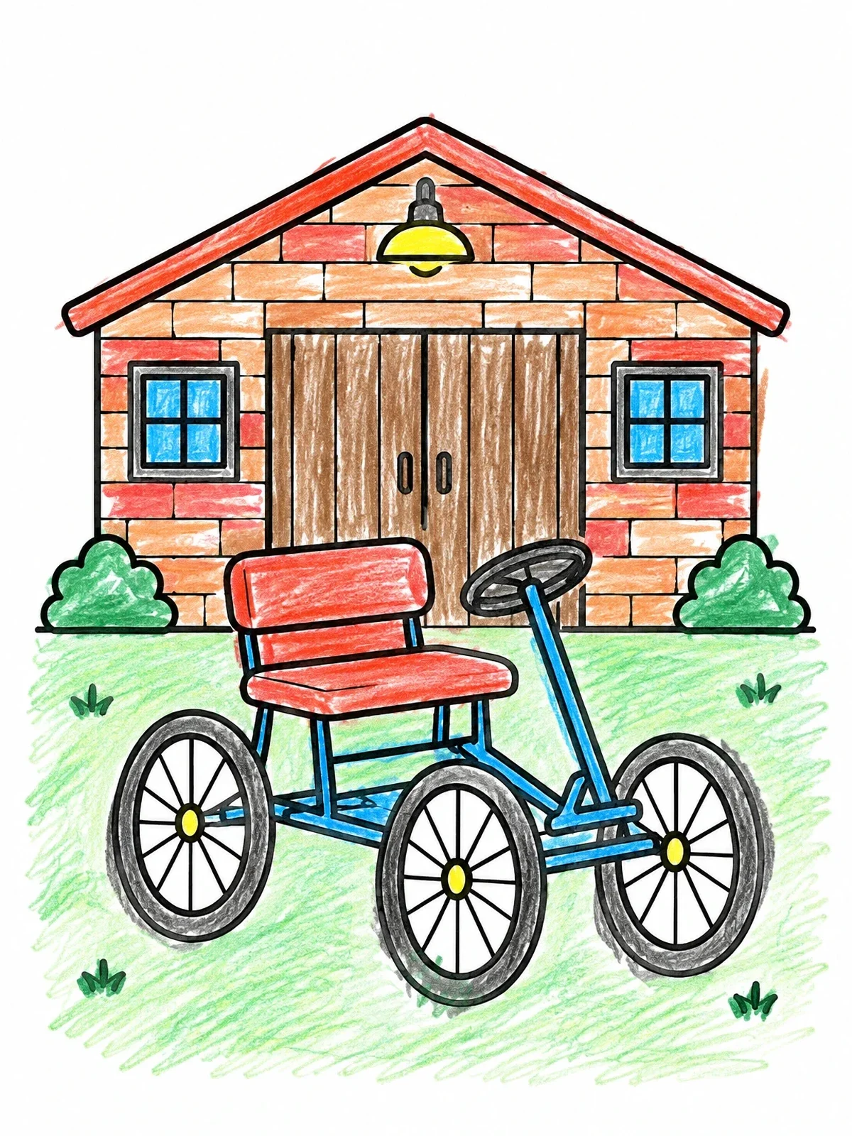 Colored example of the Early Quadricycle Outside Workshop coloring page