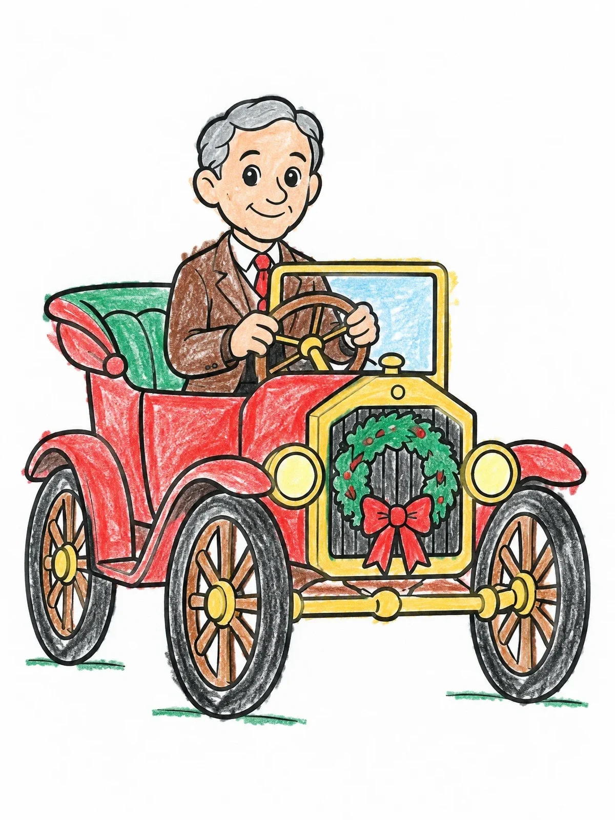 Colored example of the Henry Ford Driving A Festive Vintage Car coloring page