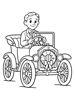 Free printable Henry Ford Driving A Festive Vintage Car coloring page