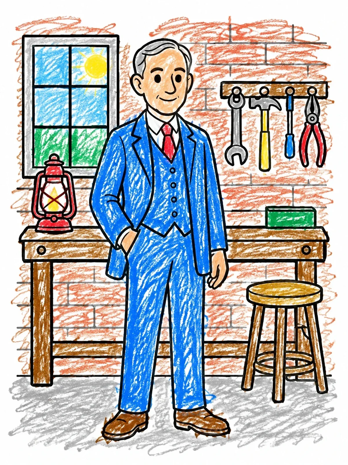 Colored example of the Henry Ford In His Workshop coloring page