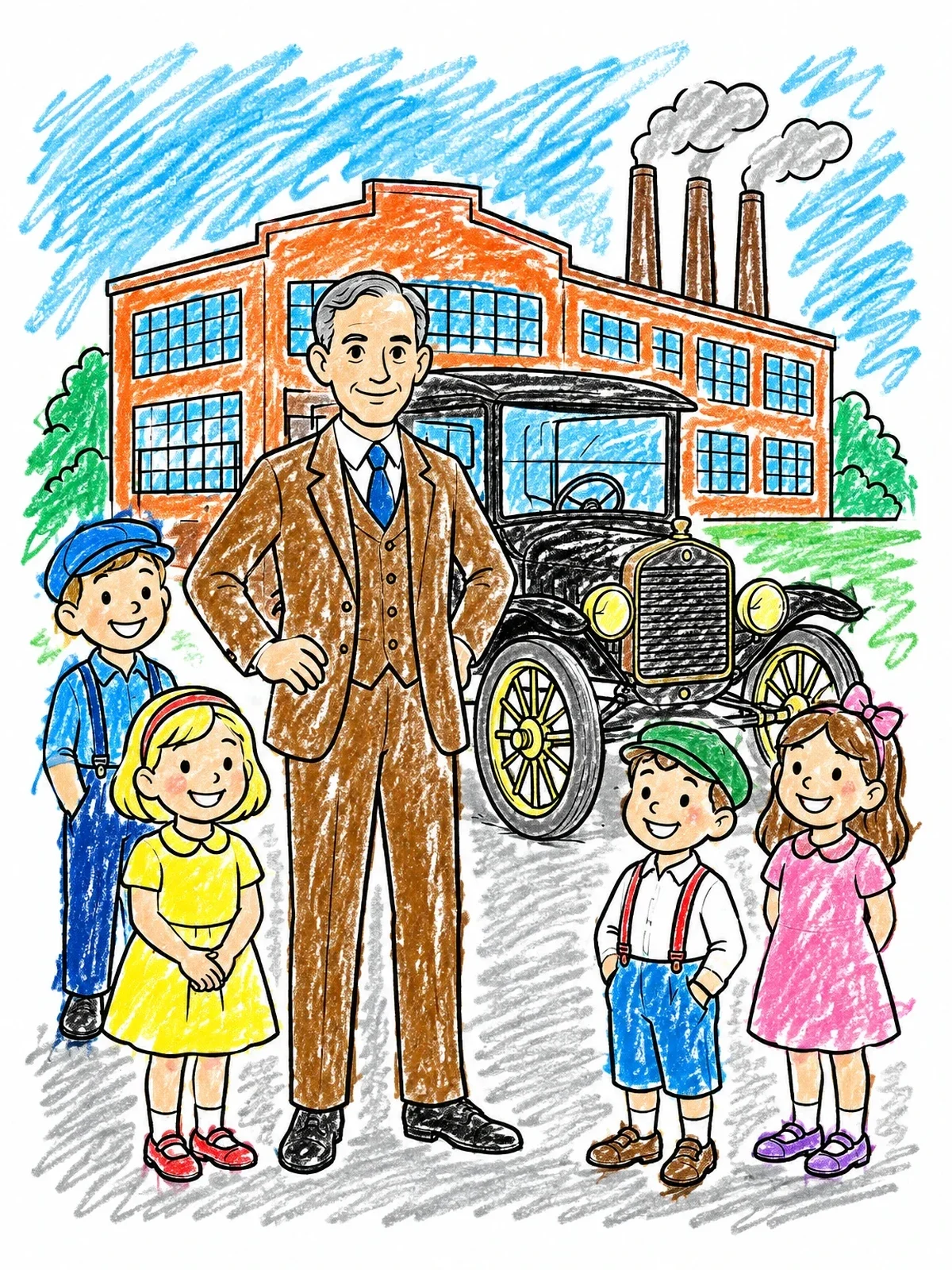 Colored example of the Henry Ford And Model T With Children coloring page