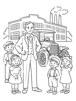 Free printable Henry Ford And Model T With Children coloring page