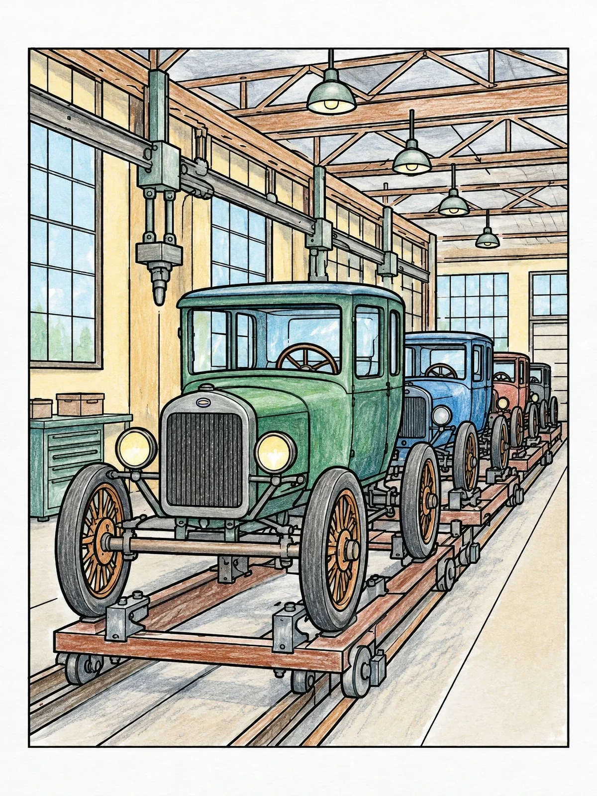 Colored example of the Vintage Automobile Assembly Line coloring page
