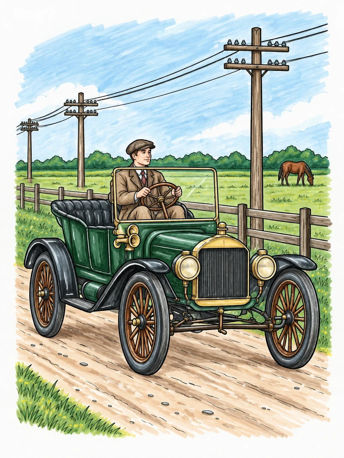 Colored example of the Vintage Model T Country Drive coloring page