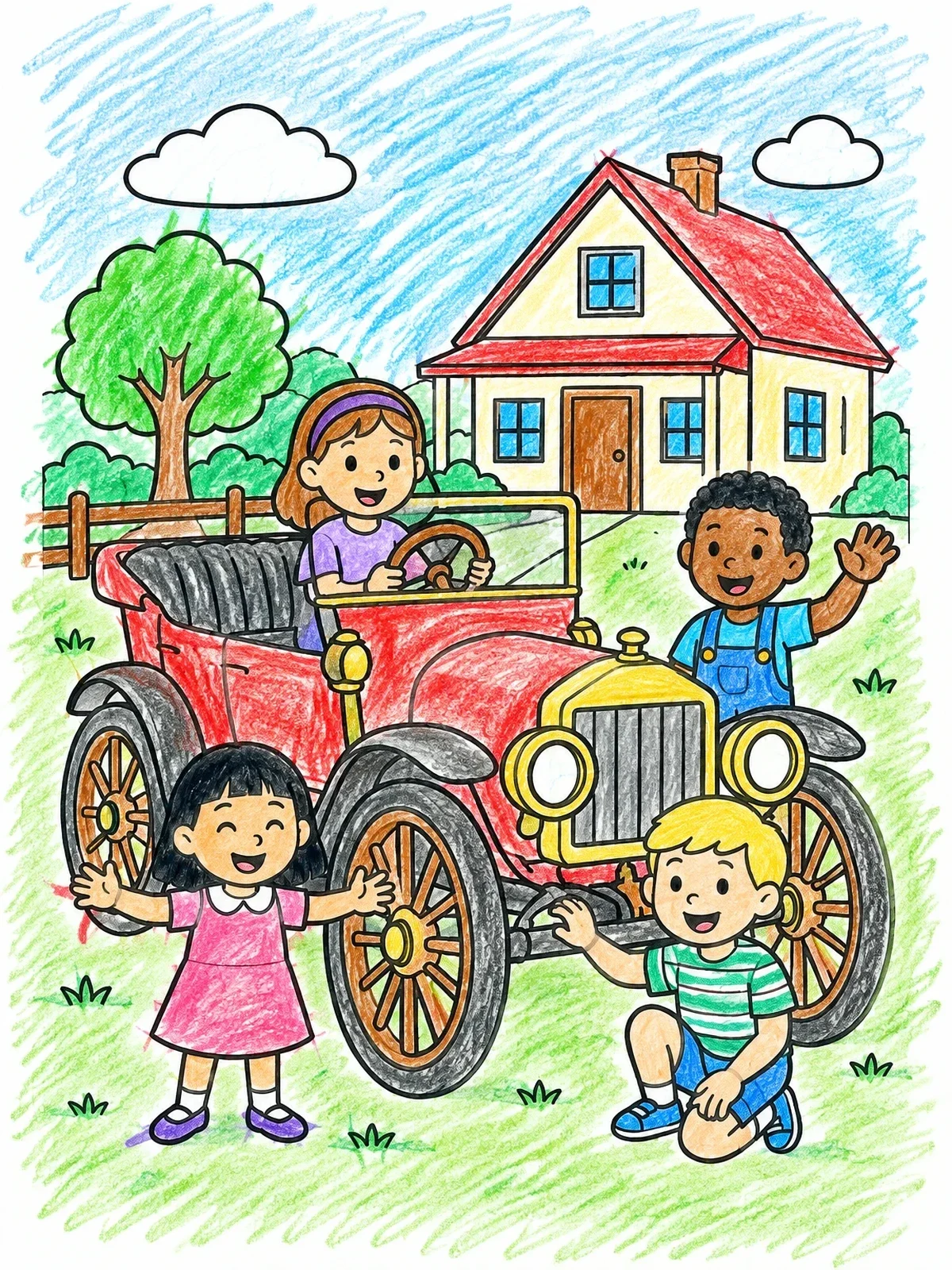 Colored example of the Vintage Touring Car With Happy Children coloring page