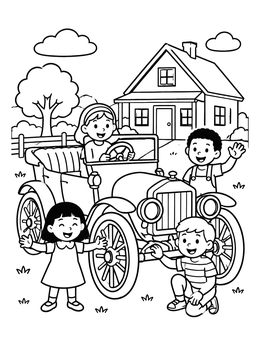 Free printable Vintage Touring Car With Happy Children coloring page