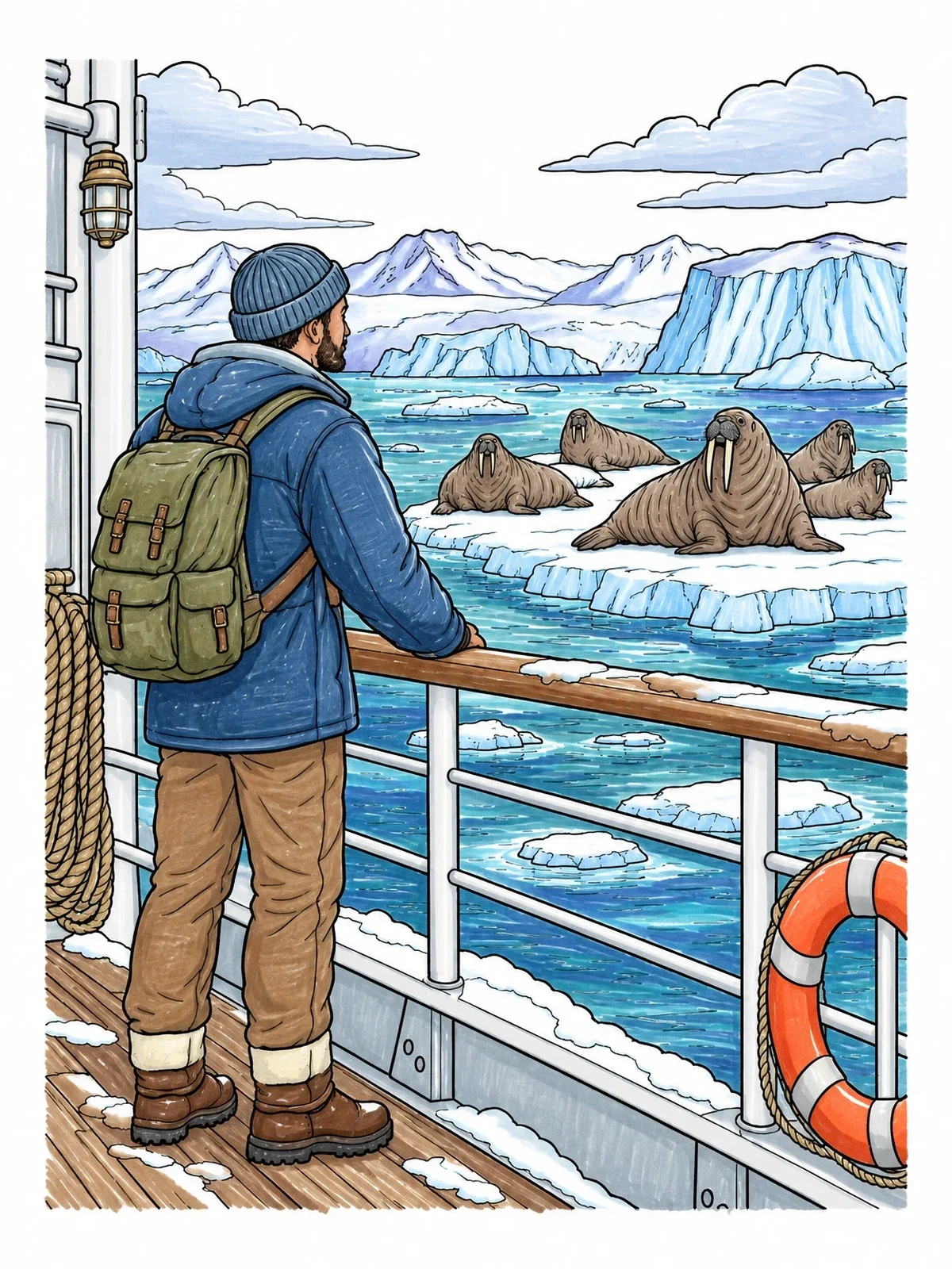 Colored example of the Arctic Explorer Watching Resting Walruses coloring page