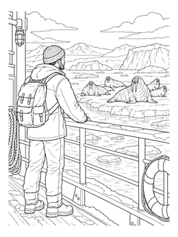 An explorer gazes at walruses on ice in this detailed henry hudson coloring page.