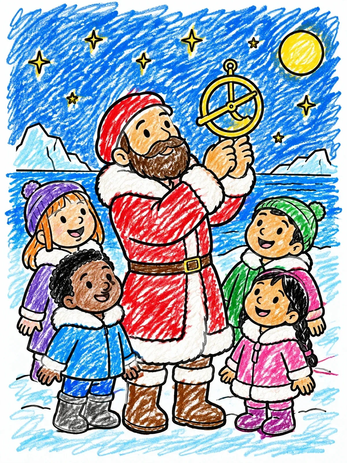 Colored example of the Henry Hudson Showing An Astrolabe To Children coloring page