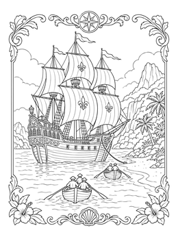 A historic explorer galleon anchored by a tropical coast on this detailed henry hudson coloring page.