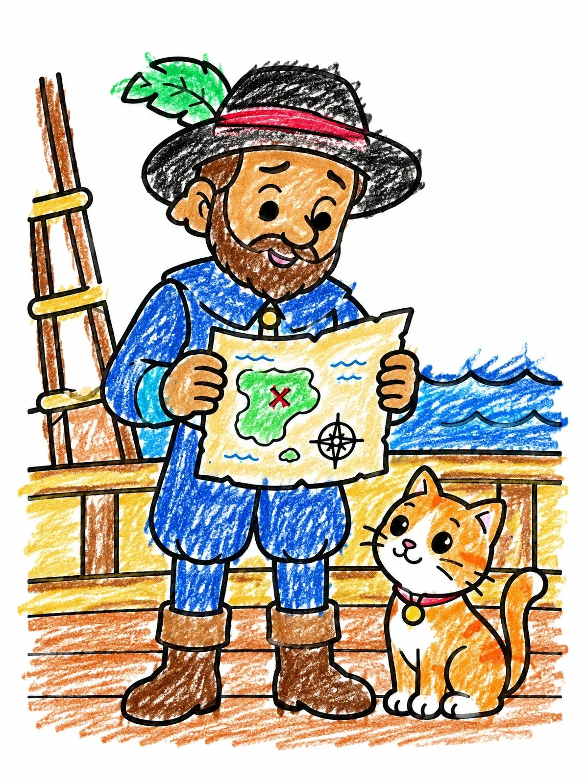 Colored example of the Explorer Reading Map With Ship Cat coloring page